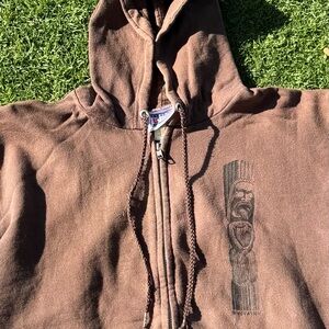 Tiki Sticking Tongue out floral sleeve Brown Zip-Up Hoodie Heavy Cotton Med
